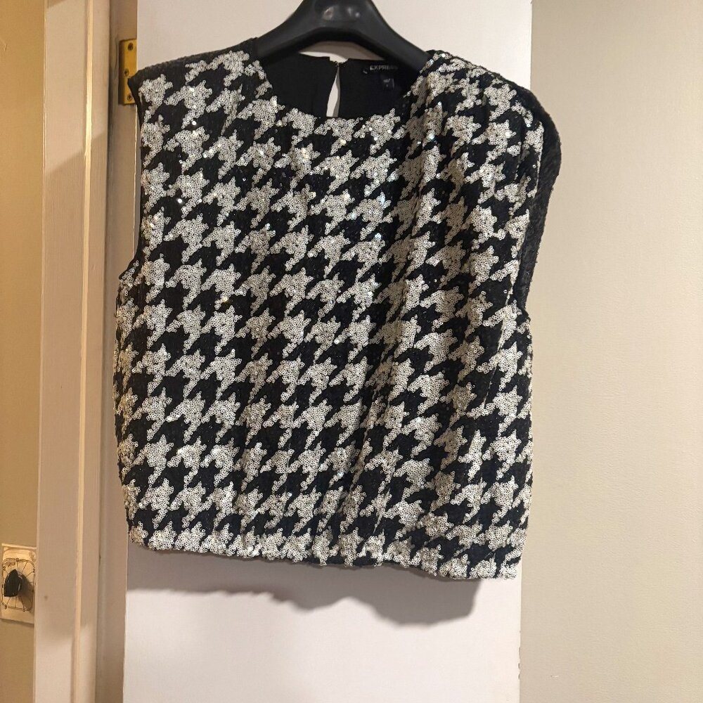 Express Black and White Houndstooth Sequin Sleeveless Top